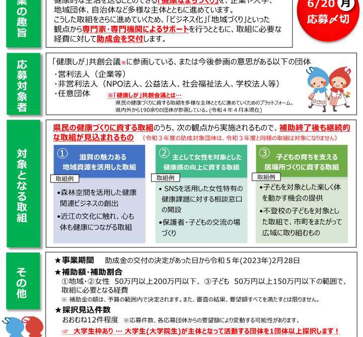 助成団体決定しました！令和４年度「健康しが」活動創出支援事業費補助金のご案内